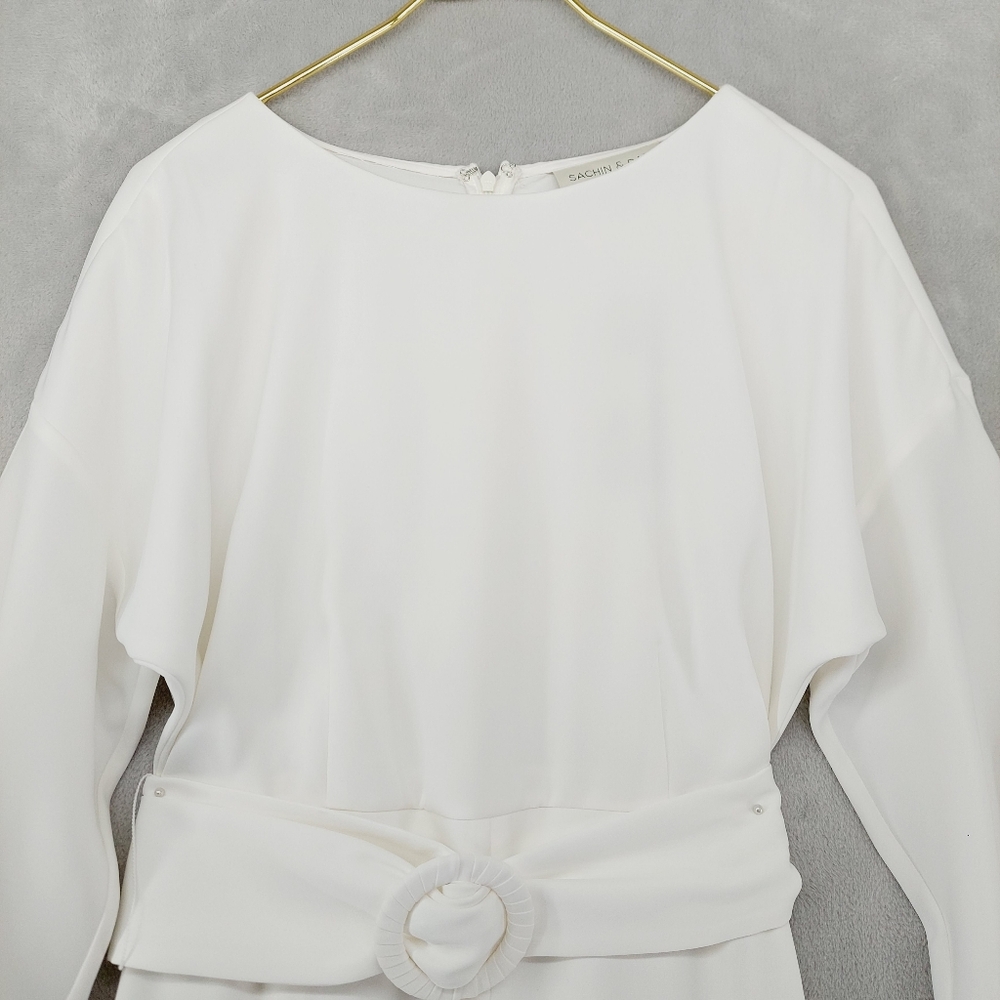 New Sachin & Babi Annie White Crepe Sheath Belt & Blouson Sleeves Dress P4520 - Picture 6 of 11